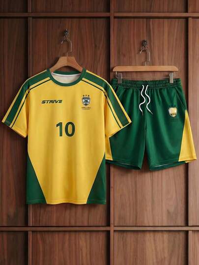 AXEPEAK Men's Casual Vacation Comfortable Contrast Color Round Neck Short Sleeve T-Shirt And Drawstring Waist Shorts Set