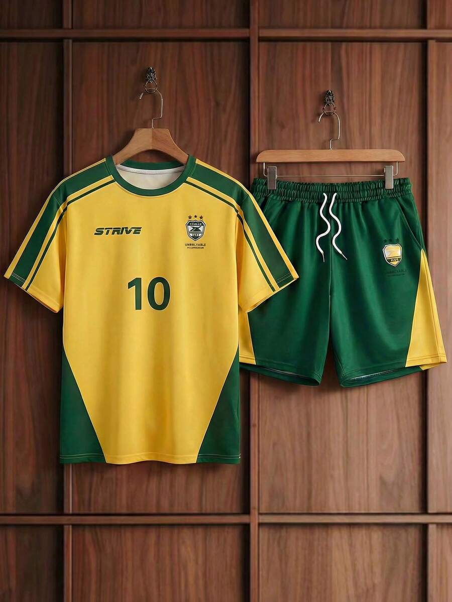 AXEPEAK Bộ đồ nam thường ngày thoải mái cho kỳ nghỉ, áo thun cổ tròn tay ngắn phối màu tương phản và quần short cạp chun có dây rút. - Nhiều màu - Xem 1