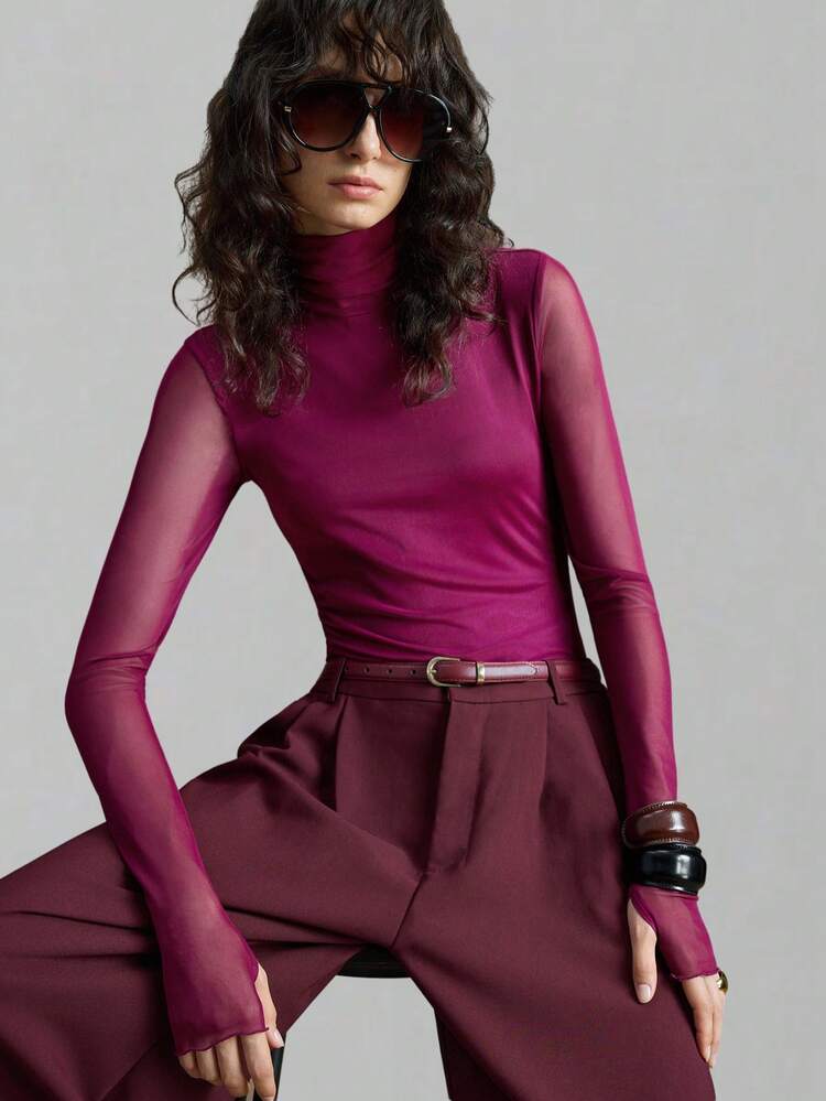 Women's Burgundy High Neck Long Sleeve Blouse, Elegant Formal Wear, Sophisticated Urban Casual Business Office Attire, Low-Key Vintage Vibe, High-Quality Fabric, Versatile Layering Top