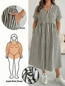SHEIN Essnce 黑白条纹纹理面料大码女式短袖休闲度假连衣裙，适合春夏穿着 - 黑與白 - 查看 1