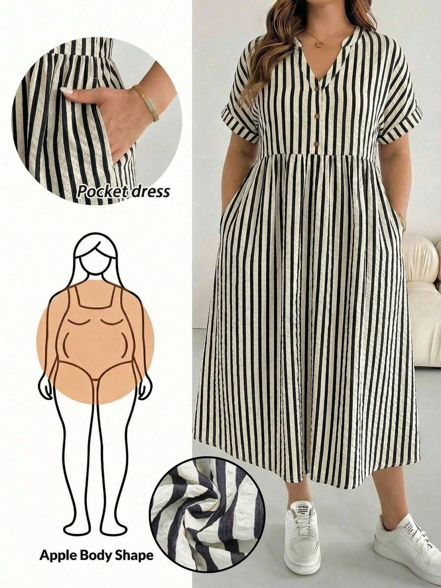 SHEIN Essnce 黑白条纹纹理面料大码女式短袖休闲度假连衣裙,适合春夏穿着 - 黑與白 - 查看 1