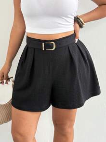 Firerie Plus Size Comfortable Casual Elegant Vacation Versatile All-Match Minimalist Wool Ruched Metal Decor Shorts For Women, Autumn/Winter Black Shorts With Belt Short Outfits For Women Casual Commuter Short For Women - Black - View 6