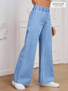 SHEIN PETITE Women's Light Blue Elastic Waist Straight Loose Casual Versatile Jeans - Blue - View 4