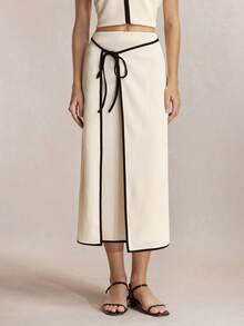 BizChic 杏色纹理针织黑色撞色滚边系腰蝴蝶结半身裙，优雅都市通勤、假日、母亲节、派对、婚礼宾客、毕业典礼、乡村音乐节、办公室、社交场合、工作服 - 杏色 - 查看 4