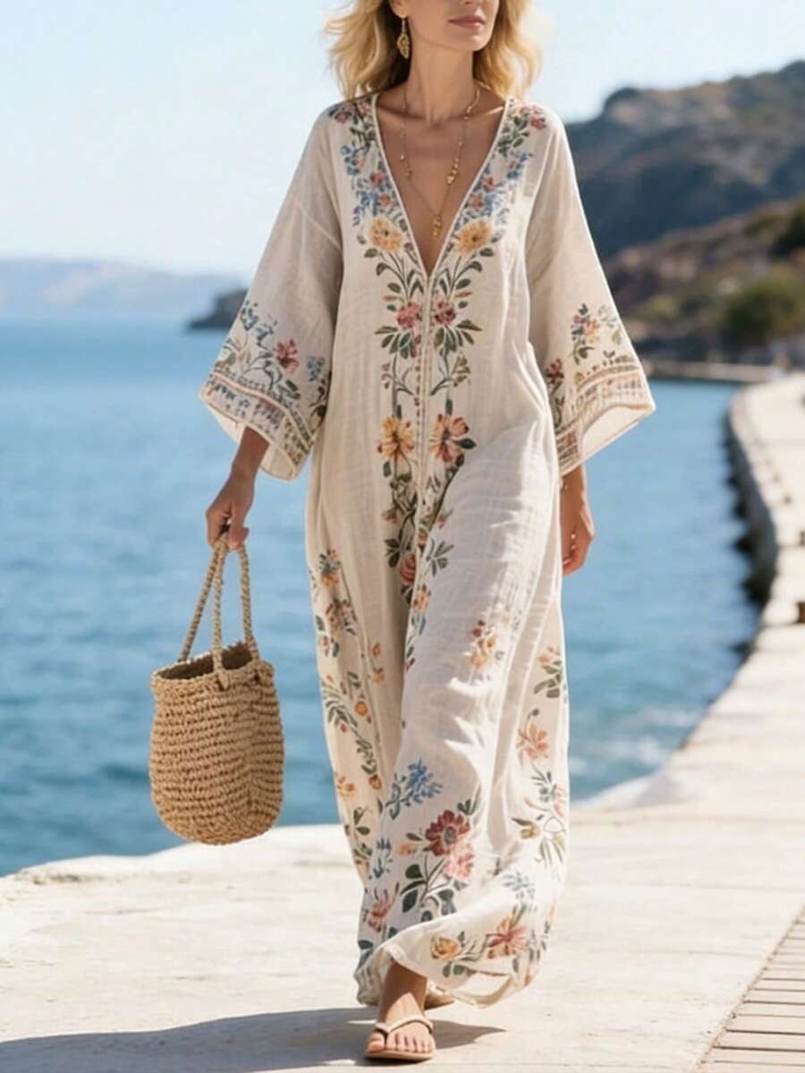 SHEIN Holidaya 印花宽松长裙，休闲沙滩裙，印花长款罩衫裙，适合度假、旅行、海滩、户外休闲、日常生活、购物、朋友聚会、东南亚/海岛旅行、主题活动、夏季户外派对、野餐、轻便度假装 - 彩色 - 查看 1