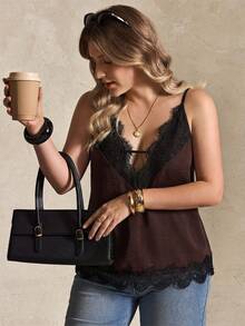 Elegantrix Plus Size Summer Casual Elegant Contrast Lace Camisole - Chocolate Brown - View 1
