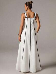 Avenya Women's Solid Color Square Neck Loose Maxi Dress, Featuring Contrast Color Blocking Design, Suitable For Daily Vacation, Date, Commute Black And White - White - View 5