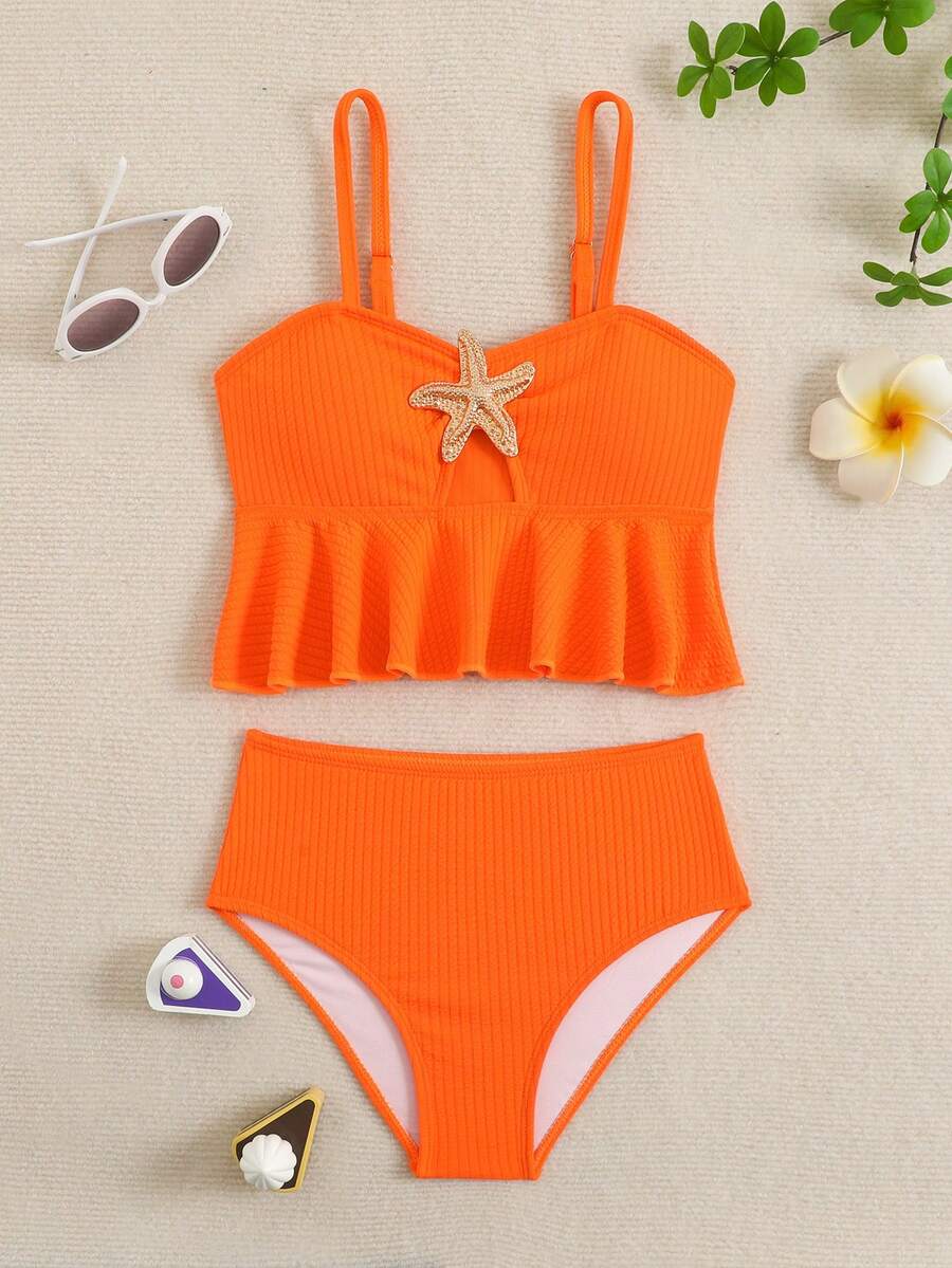 SHEIN 少女比基尼套装,两件套针织面料吊带泳衣,时尚休闲优雅泳装,适合游泳、夏季度假、海滩、泳池。少女比基尼泳装,适合女孩的比基尼套装,适合女孩的泳装,适合少女的泳衣,适合青少年女孩的泳装,适合女孩的沙滩装,适合女孩的可爱泳装,春夏精选。 - 橘色 - 查看 1