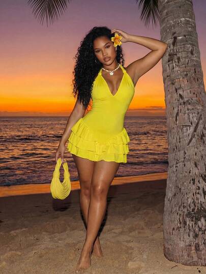 BamGleam Bộ jumpsuit nữ màu trơn, nhiều lớp, xếp ly ở gấu, kiểu cổ yếm, thích hợp cho kỳ nghỉ.