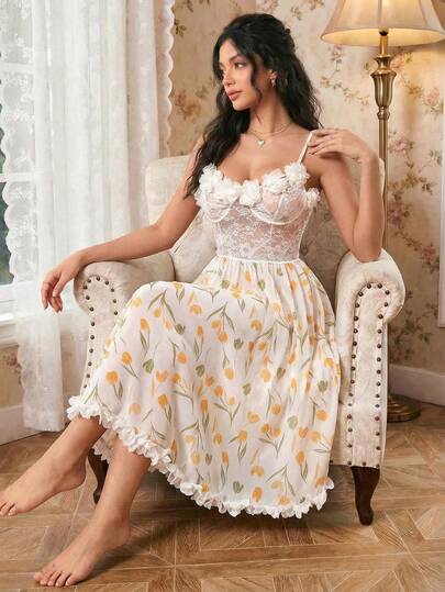 Modelyn 3D Floral Lace Patchwork Romantic Floral Print Mesh Nightgown Summer Dress Floral Print Dress Lace Dress White Dress Ruffle Dress