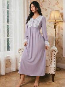 Modelyn Vintage Palace Style Lace Print Patchwork Long Sleeve Women's Nightgown Babydoll Luxe Loungewear, Moo Moo  Cozy And Elegant Details, Fall & Winter - Lilac Purple - View 4