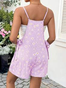 SHEIN 孕妇夏季休闲沙滩度假风雏菊印花侧系带连体衣 - 淡紫色 - 查看 2