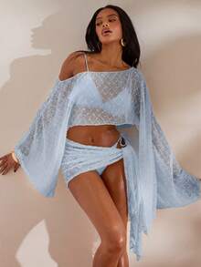 Opulessa Women's Solid Color Beachwear Cover-Up Set Summer Vacation Bikini Bathing Suits - Baby Blue - View 6