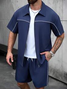 SLATEMANN 男士短袖拉链衬衫和短裤休闲套装 - 藏蓝色 - 查看 4
