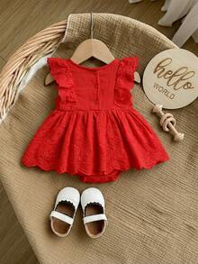 Newborn Baby Girl Cute Vacation Casual White Embroidered Floral Ruffle Romper - Red - View 8