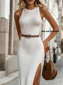 SHEIN Elenzya 优雅圆领无袖开衩春夏新款女士毛衣连衣裙 - 白色 - 查看 3
