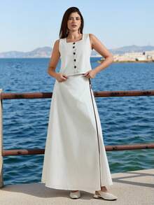 Briarwyn 新款无袖开衫背心和撞色系带腰裙套装，女士纯棉两件套，女士长裙两件套，长裙套装，裙装上衣套装，女士裙装上衣套装，女士夏季服装，女士春季服装，夏季度假服装，情人节，圣帕特里克节，女士海滩度假服装，女士外出服装，女士裙装上衣套装，女士场合连衣裙，新款连衣裙设计，婚礼礼服，招待会礼服，女士夏季套装，女士服装套装，女士度假服装套装，女士休闲连衣裙，毕业礼服，毕业典礼 - 白色 - 查看 3