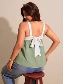 Elaquor Plus Size Summer Casual Contrast Color Strap Camisole - Mint Green - View 3