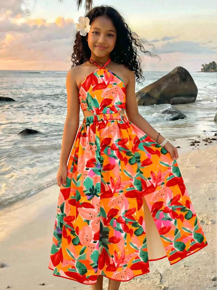 Sparklyn Tween Girl Vacation Casual Floral Print Halter Neck Dress - Multicolor - View 1