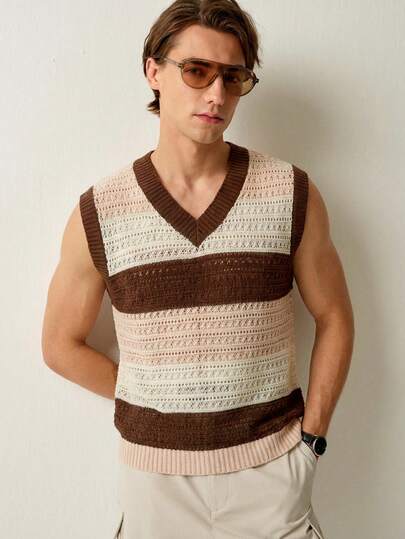 RONVEXI Men's Summer Casual Vacation Colorblock Striped V-Neck Pointelle Knit Sweater Vest