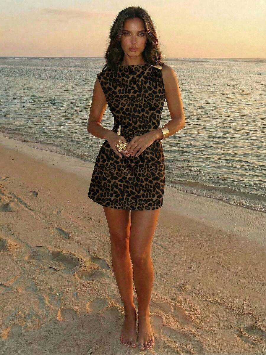 Aloruh Elegant Leopard Print Metal Decor Ruched Umbrella Hem Mini Dress, Suitable For Vacation, Date,Summer Dresses Women - White - View 1