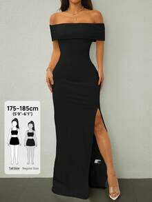 SHEIN Tall Off Shoulder Women's Long Dress With High Slit, Light Dress, Elegant, Wedding Season, Sexy Style - Black - View 1