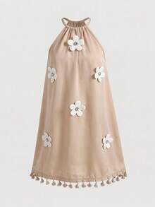 SHEIN Kids Tween Girl Elegant Floral Print Halter Neck Snug Fit Vacation Dress - Apricot - View 2