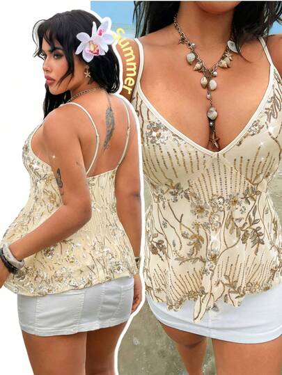 Rustia Áo camisole cỡ lớn dành cho nữ, cổ chữ V, dây mảnh, vạt bất đối xứng, thêu sequin, kiểu boho, thích hợp mặc thường ngày hoặc dự tiệc.