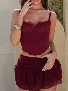 Bris Aura Áo ngực crop top không đường may có gọng ren màu đỏ tía - Màu Đỏ Sâu - Xem 4