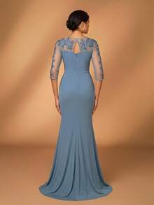 Serin Elegante y lujoso vestido de encaje bordado, de manga larga, con malla elástica, volantes y dobladillo de sirena, adecuado para bodas, eventos, despedidas de soltera, vacaciones, galas y vestido de madre de la novia - Neblina azul - Ver 2