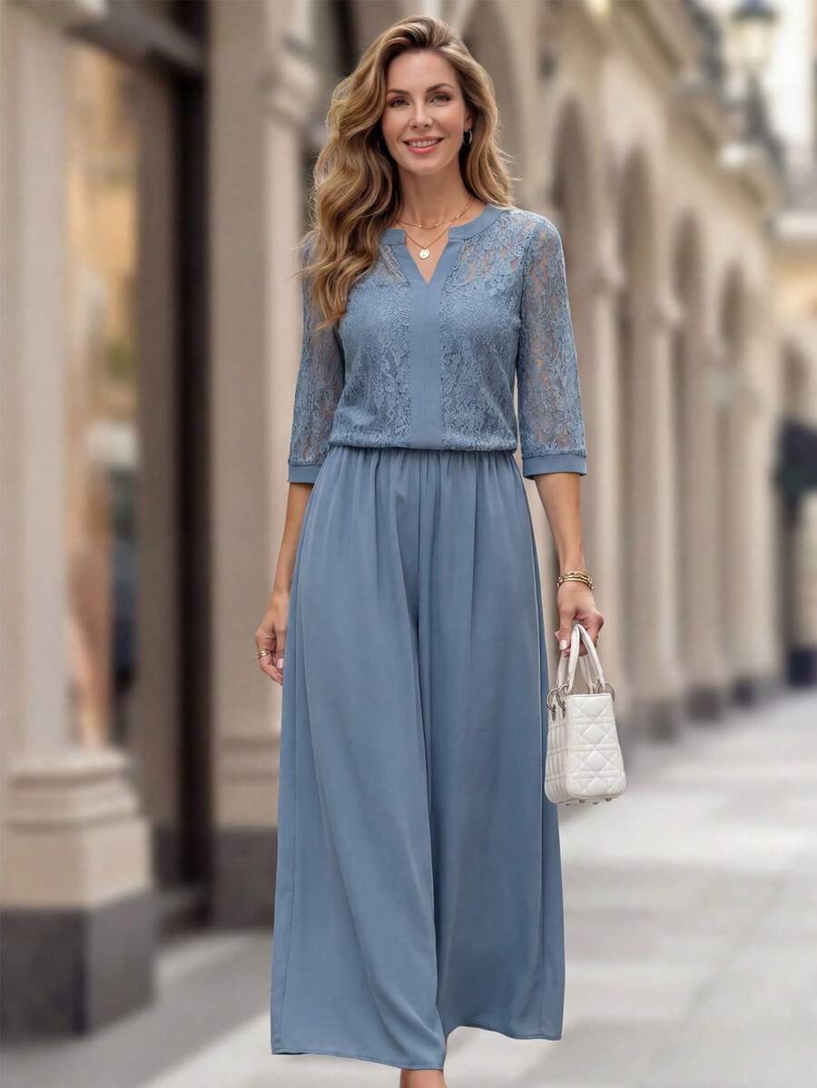 Miaspire 2pcs Women Lace V-Neck 3/4 Sleeve Top And Wide Leg Pants Set,Office Outfits For Women,Work Outfits For Women,Graduation Outfit For Mother Wedding Guest Dress Women Summer Elegant,Summer Outfits For Women - Blue - View 1