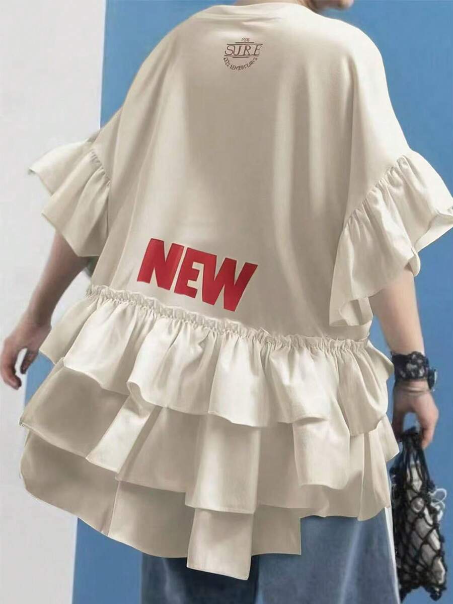 FRIFUL Camiseta holgada con impresión de letras de color contrastante, volante y diseño gráfico en la parte trasera para mujer - Albaricoque - Ver 1