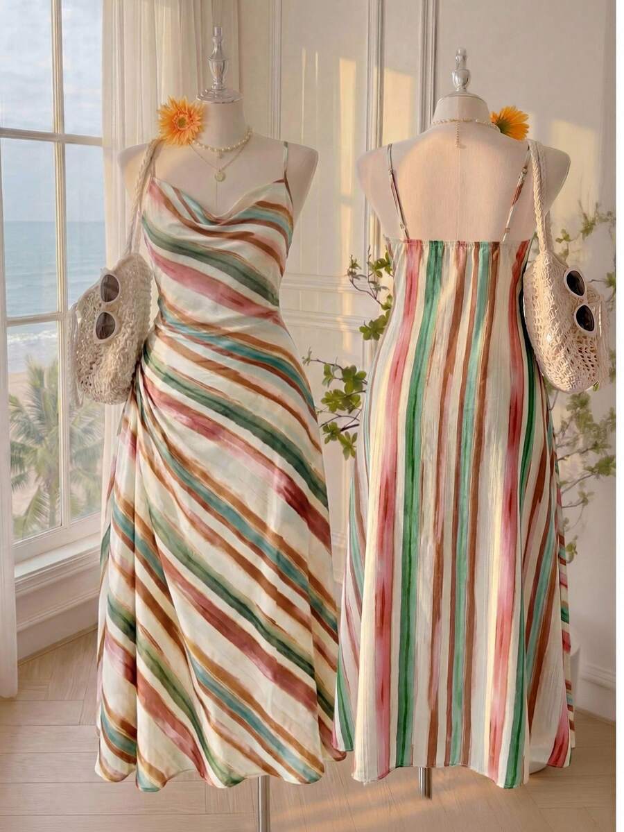 SHEIN EZwear Đầm mùa hè có mũ trùm đầu kẻ sọc nhiều màu sắc, kiểu dáng thường ngày, cỡ lớn, phong cách nghỉ mát. - Nhiều màu - Xem 1