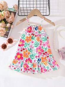 SHEIN Playful Pals 女婴无袖连衣裙，休闲度假风，彩色碎花印花，活泼清新的吊带设计，适合夏季穿着，适合女婴户外玩耍和日常穿着。 - 彩色 - 查看 2