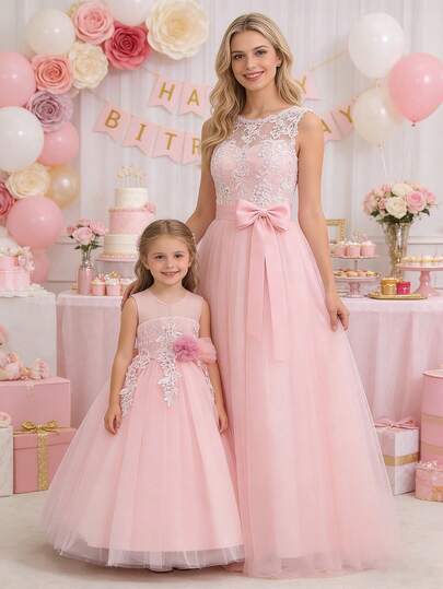 Glamorique Kids Girls' Floral Flower Girl Dress, Sweet Floral Decor Girls' Party Dress, Sleeveless Lace Mesh Princess Dress For Birthday Party