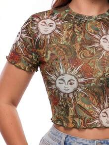 Solavibe 大码佩斯利花纹和太阳图案网眼短款上衣 - 棕色 - 查看 7