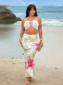 Rustia Plus Size Women Solid Color Ruched Bandeau Top And Floral Print Skirt Casual Holiday 2-Piece Set Gym Brown Summer - Multicolor - View 4