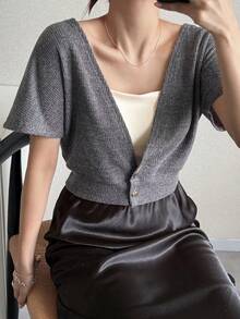 FRIFUL Áo thun nữ tay ngắn cổ chữ V cài cúc phía trước, kiểu dáng thường ngày, thích hợp cho mùa hè. - Màu xám đen - Xem 1