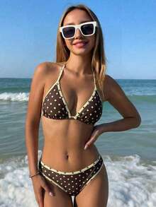 SHEIN 少女夏季新款海边度假时尚甜美可爱撞色波点印花露背比基尼套装 - 彩色 - 查看 6