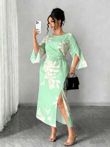 SHEIN Elenzya 大码女士优雅通勤简约日常约会派对性感宴会袖开衩修身杏色底黑色印花长裙 - 薄荷綠 - 查看 6