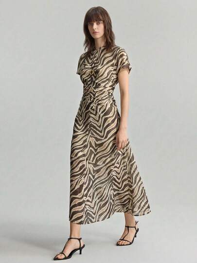 Ontre Vestido de primavera/verano para mujer, ropa casual cómoda para mujer, vestimenta femenina, estilo urbano elegante, vestido estampado, estampado de cebra, manga corta, cuello redondo, vestido largo para mujer, casual de negocios, falda acampanada, ropa de primavera/verano, nueva llegada 2025