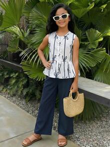 SHEIN 少女单排扣蝴蝶结图案背心衬衫和长裤两件套 - 寶藍色 - 查看 3