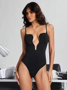 SHEIN Haute Women's Plunging Scallop Neckline Bodysuit - Black - View 5