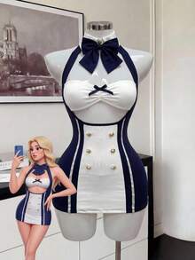 Fantasy Costume Bộ đồ lót 4 món gợi cảm lấy cảm hứng từ đồng phục tiếp viên hàng không, màu xanh và trắng. - Xanh và trắng - Xem 5