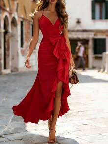 GlowEve 女士优雅性感蝴蝶结装饰荷叶边露背连衣裙 - 紅色 - 查看 1