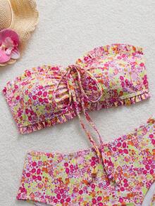 SHEIN Swim 女士夏季沙滩度假新款可爱无肩带花卉荷叶边搭配精致珍珠吊坠抽绳比基尼套装 - 彩色 - 查看 3