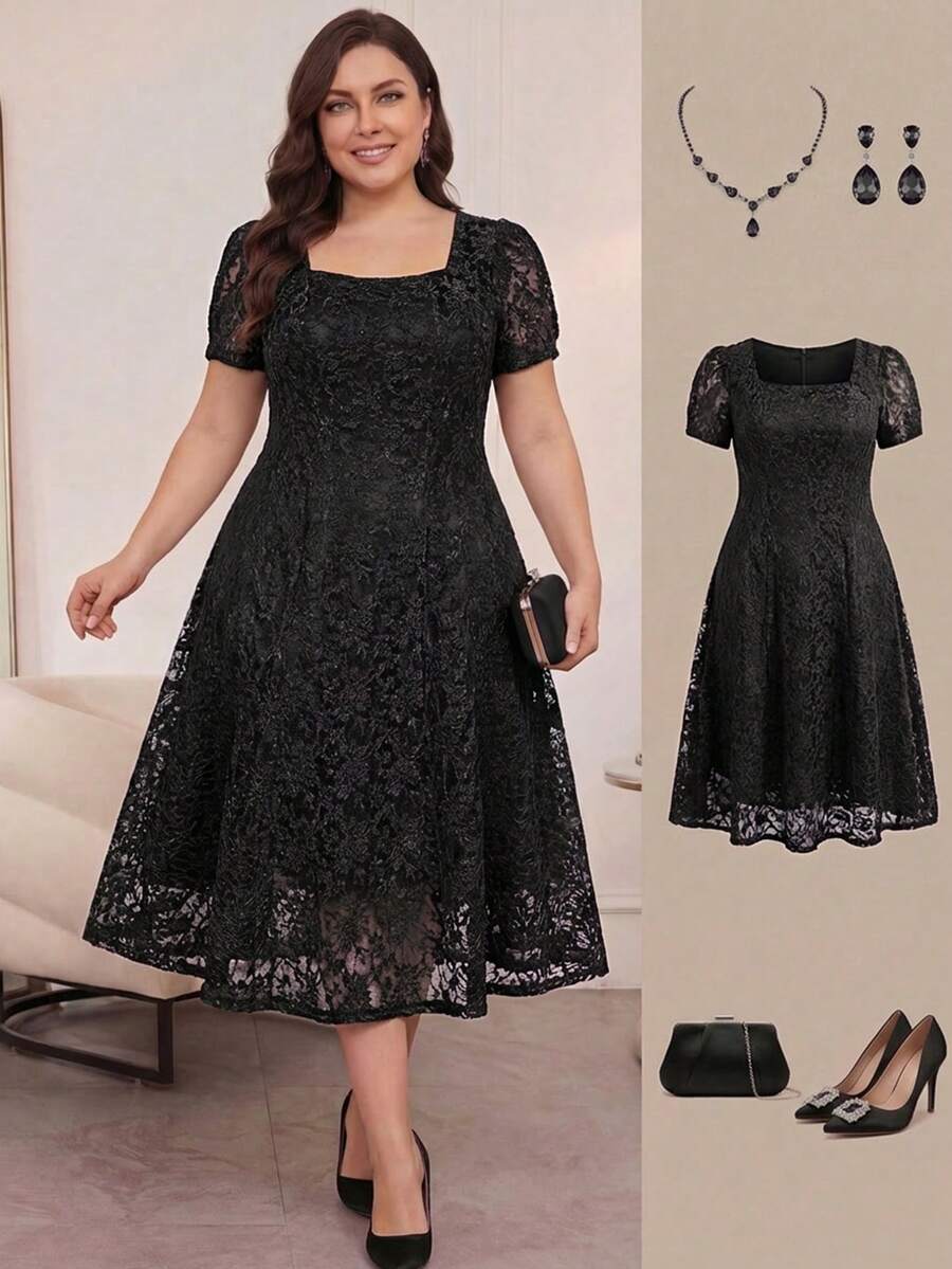SHEIN Clasi Plus Size Elegant Lace Waist Puff Sleeve Dress, Summer - Black - View 1