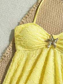 SHEIN 少女黄色提花针织背心式泳衣套装，饰有金属海星图案，可爱泳装，适合休闲度假 - 黃色 - 查看 4