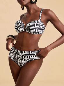 Travachic 大码女士性感印花分体比基尼套装，适合海滩和度假 - 黑與白 - 查看 3