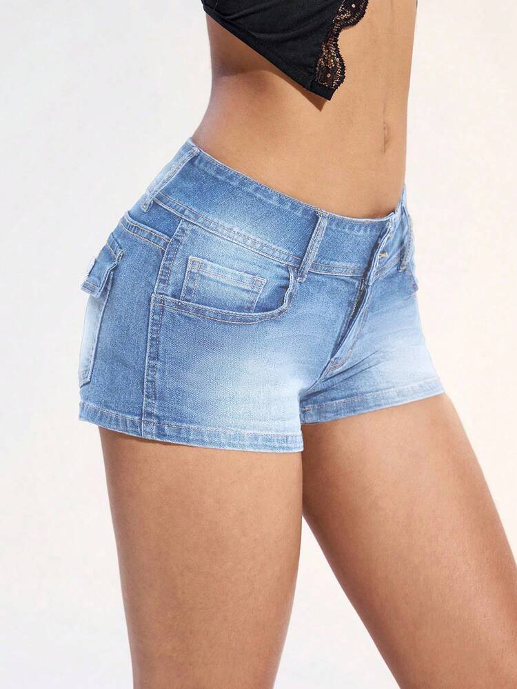 Jeanoix Quần short denim nữ kiểu dáng thường ngày, có túi và cúc. - Màu xanh lam - Xem 5